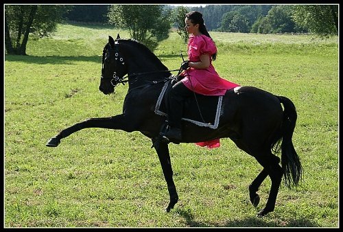 Tanec ruského hřebce Iniciála s Romanou Hájkovou. Tanec ruského hřebce Iniciála s Romanou Hájkovou.