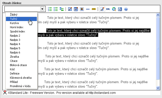 výběr formátu textu výběr formátu textu