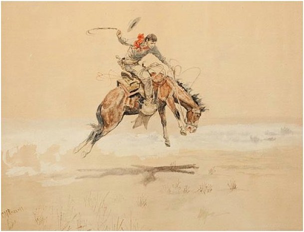Ch. M. Russell: Cowboy on a bucking horse