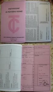 průkaz koně s všitým potvrzením o původu koně