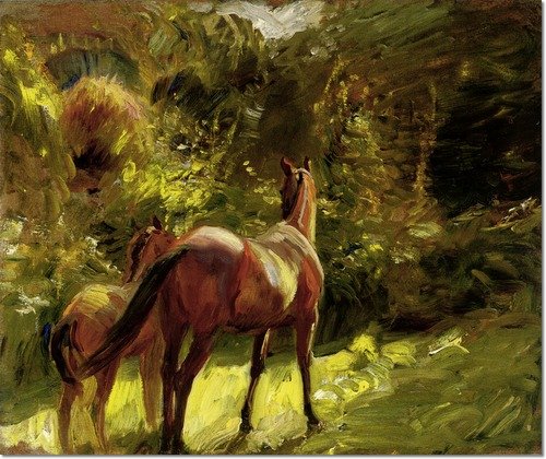 Klisna s hříbětem u lesa